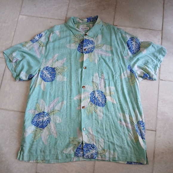 Vntg TOMMY BAHAMA Hawaiian Men's Silk Shirt XXL Blue & Green Leaves - Picture 2 of 5